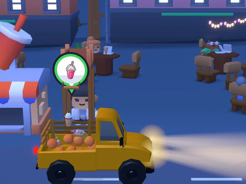 A yellow truck full of fruit driving through a night market