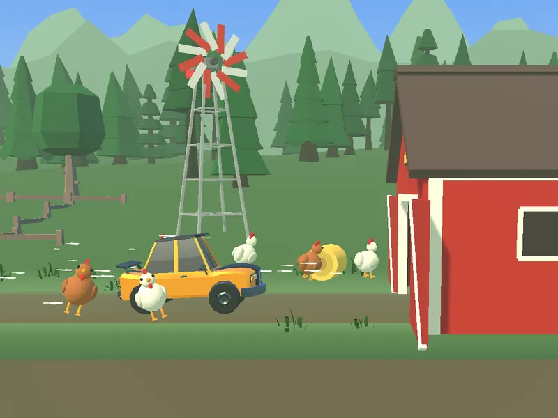 A little car driving over grassy hills past a red barn