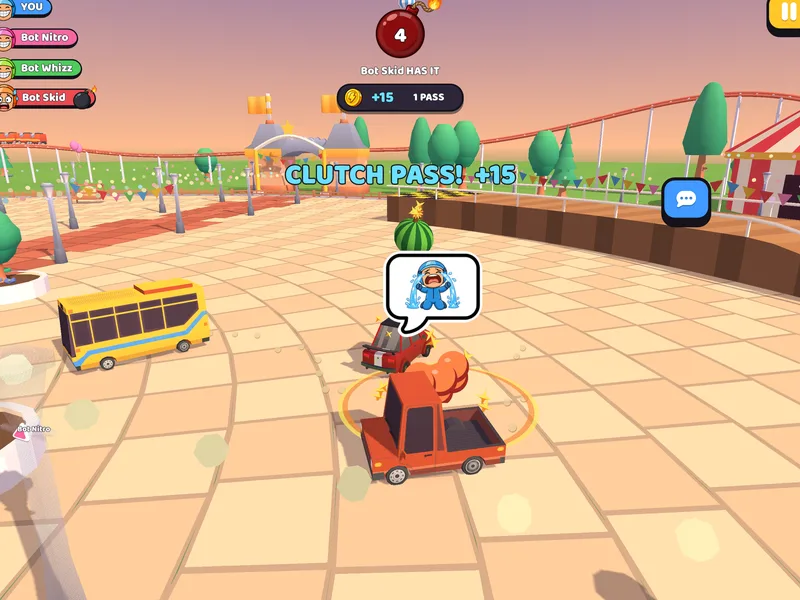 Cartoon cars in a funfair arena, one carrying a ticking bomb
